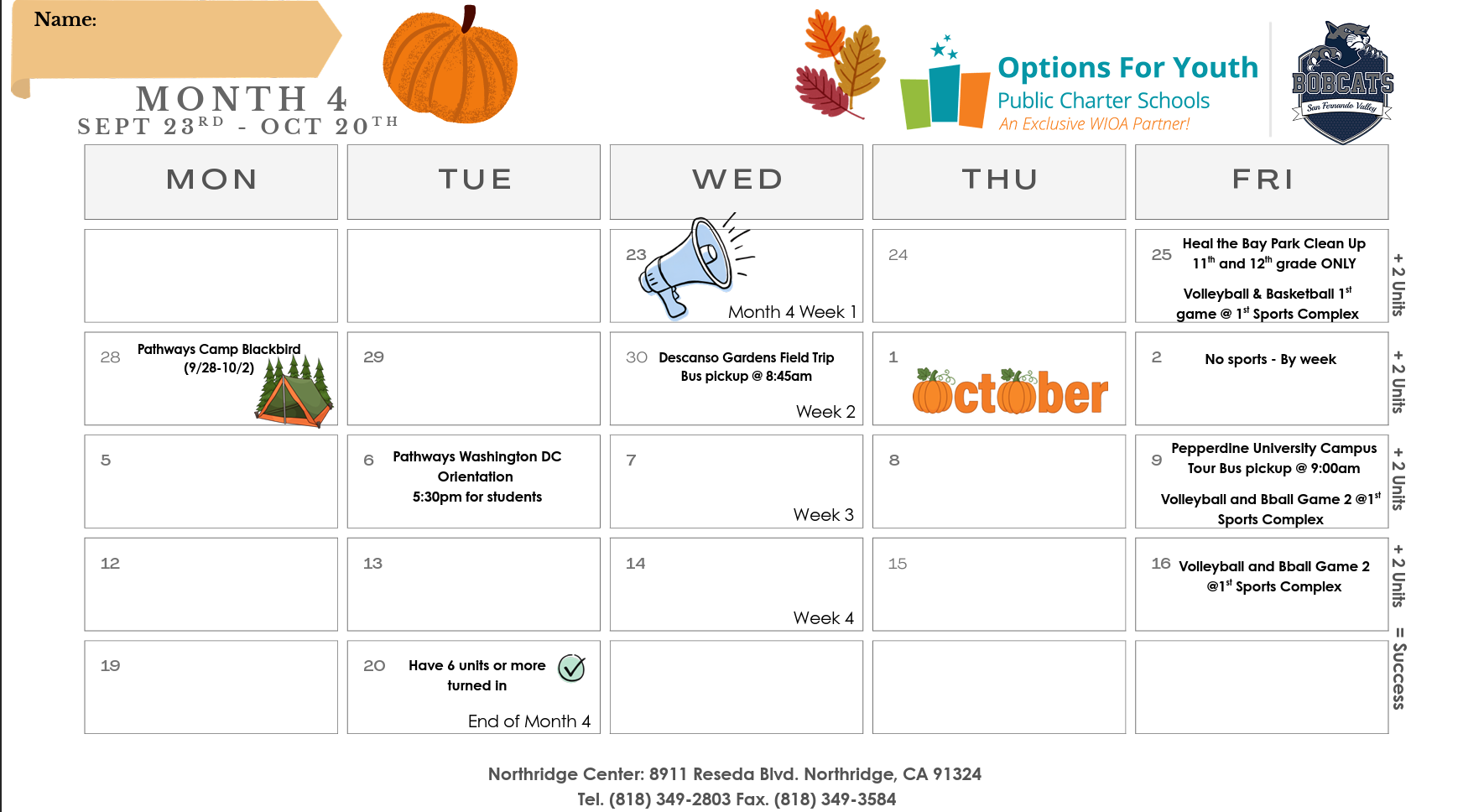 Month 4 Calendar Northridge